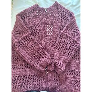Vintage Free People Wool Blend Textured Open Front Cardigan Plum Burgundy Boho